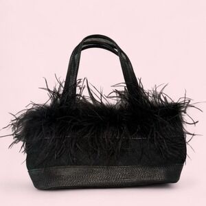 Vintage Perry Ellis Black Feather Handbag Woven Body Tie Closure